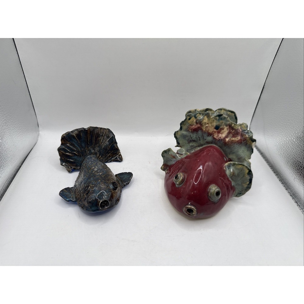 J Sumner & GS Signed Hand Made Whimsical Ceramic Fish Figurine Pottery Glazed